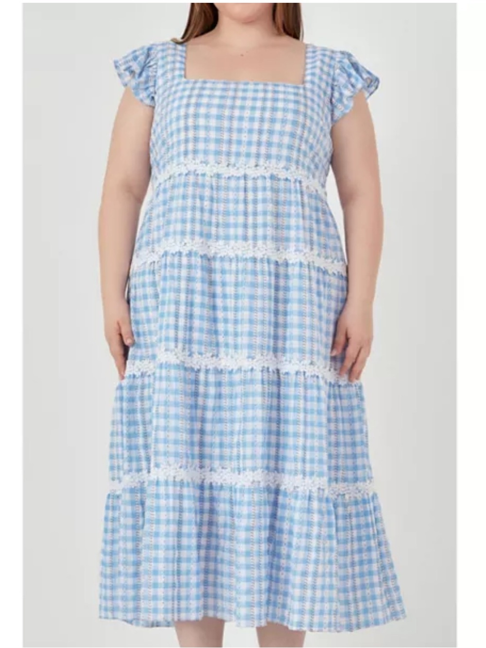 English Factory Plus Size Floral Lace Gingham Printed Midi Dress